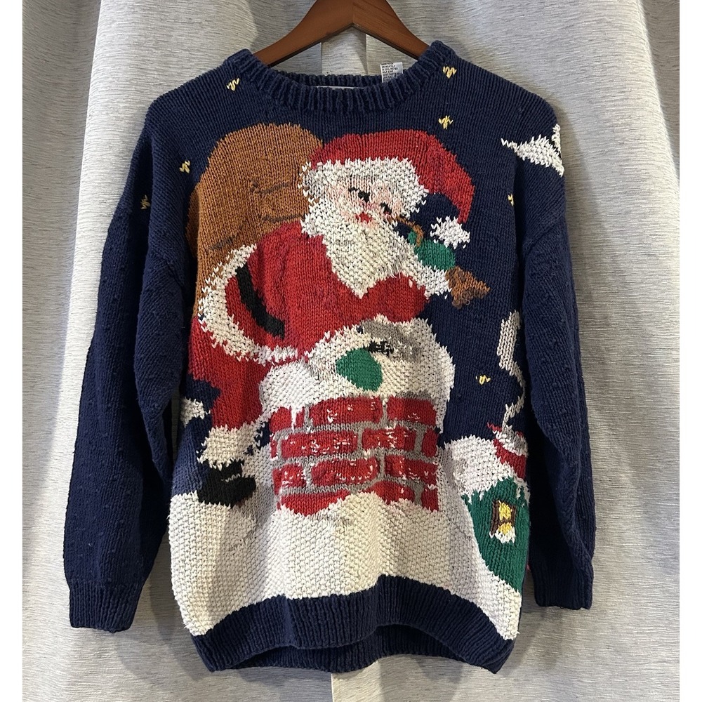 Signatures By Northern Isles Christmas Sweater Sequin Santa Size Petite Large